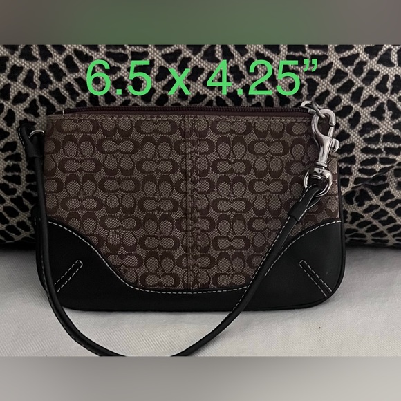 Coach wristlet small cc pattern on brown jacquard with dark brown leather trim. - Picture 5 of 7